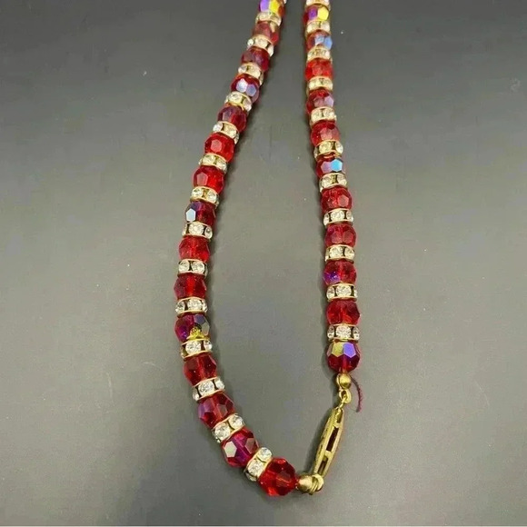 VGT Red Rhinestone & Crystal Gold-tone Clasp Long Necklace 18” Strand - Picture 2 of 6
